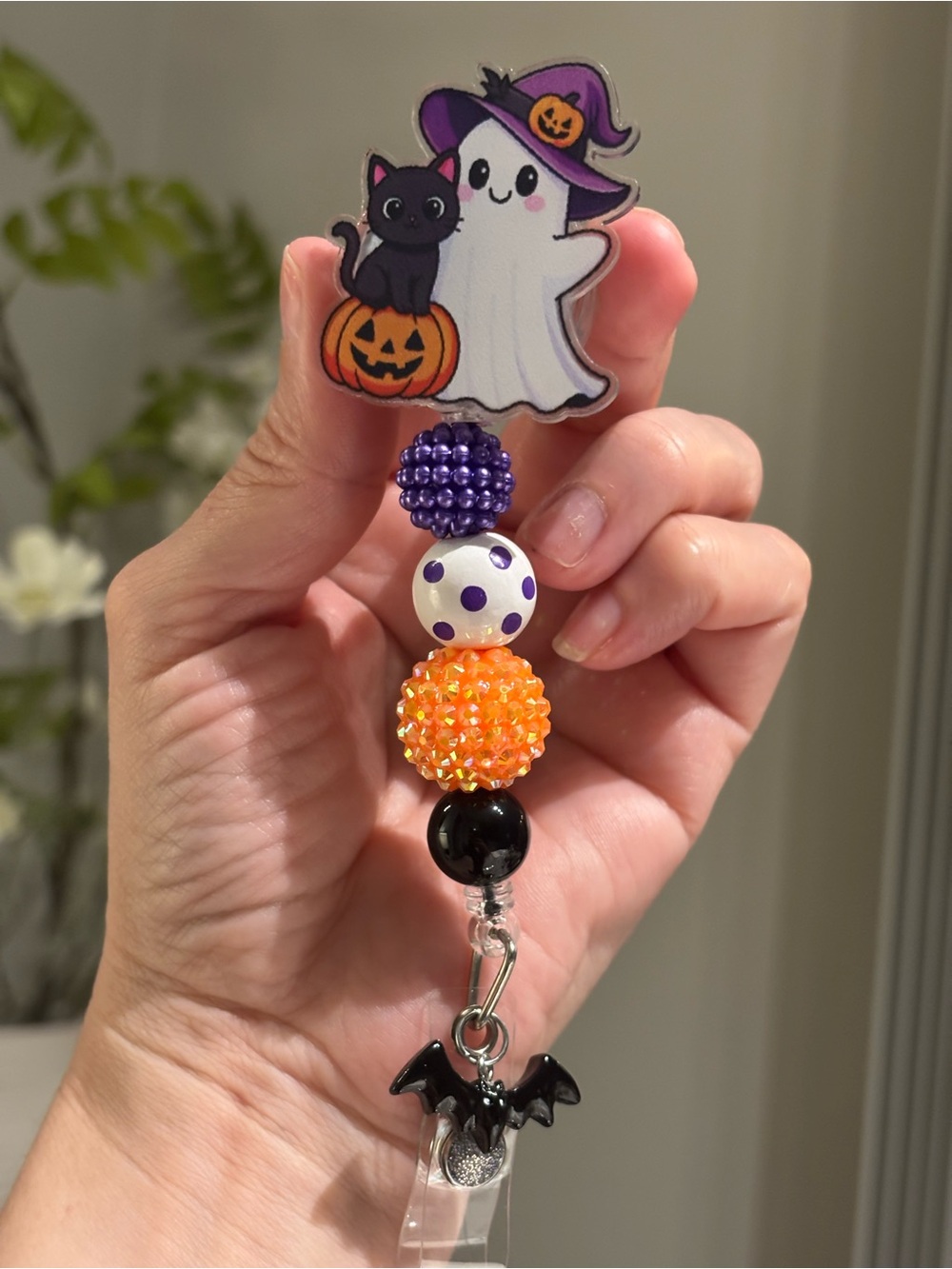Handmade Halloween Ghost Cat Beaded Badge Reel with Bat Charm
